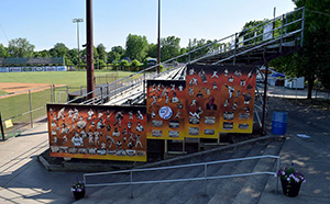 Baseball history banners mounted to the side of the bleachers