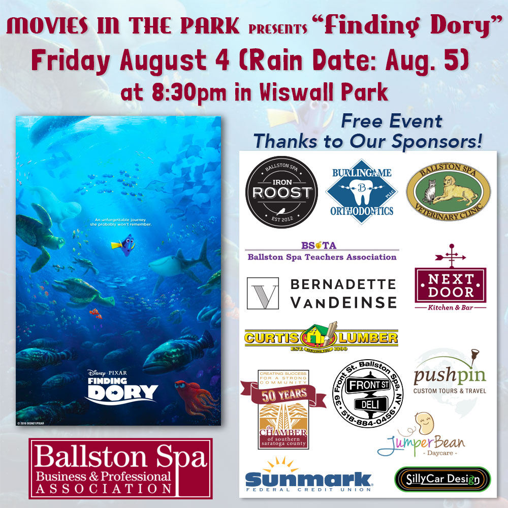 Image of social media graphic for Finding Dory designed and created for Ballston Spa Business and Professional Association's Movies in the Park event.