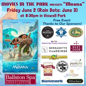 Image of social media graphic for Moana designed and created for Ballston Spa Business and Professional Association's Movies in the Park event.