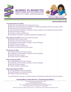 Image of information form design for Blondes vs. Brunettes alzheimer's association football fundraiser event in Saratoga Springs, New York.