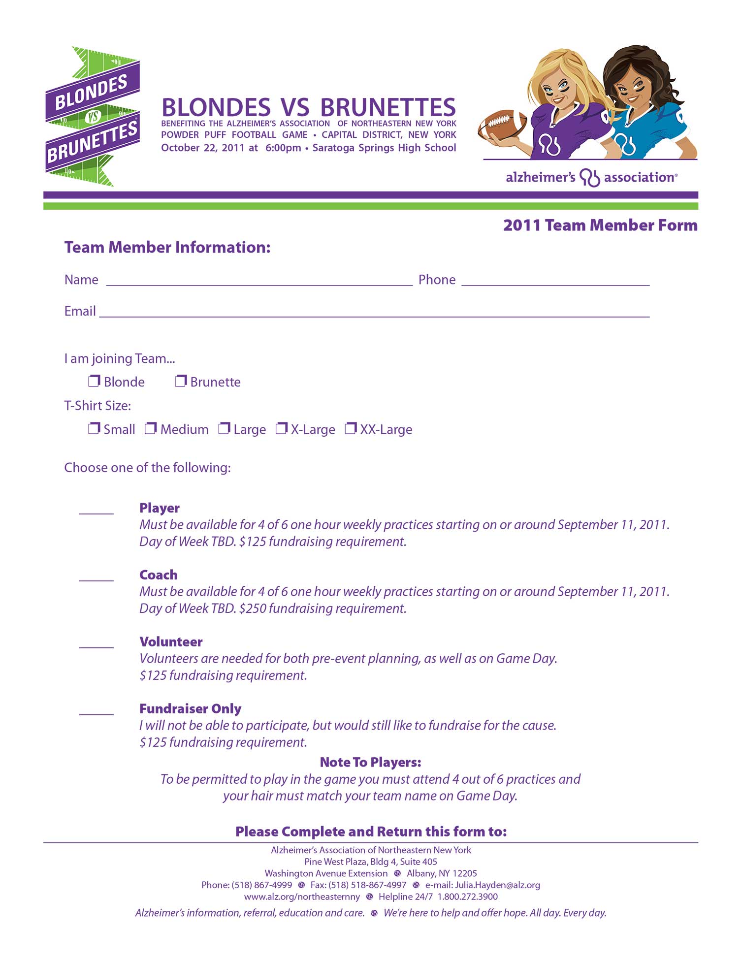 Image of information form design for Blondes vs. Brunettes alzheimer's association football fundraiser event in Saratoga Springs, New York.