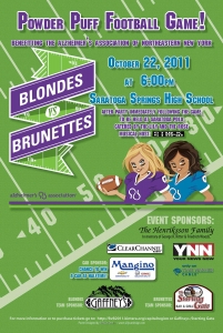Image of poster design for Blondes vs. Brunettes alzheimer's association football fundraiser event in Saratoga Springs, New York.
