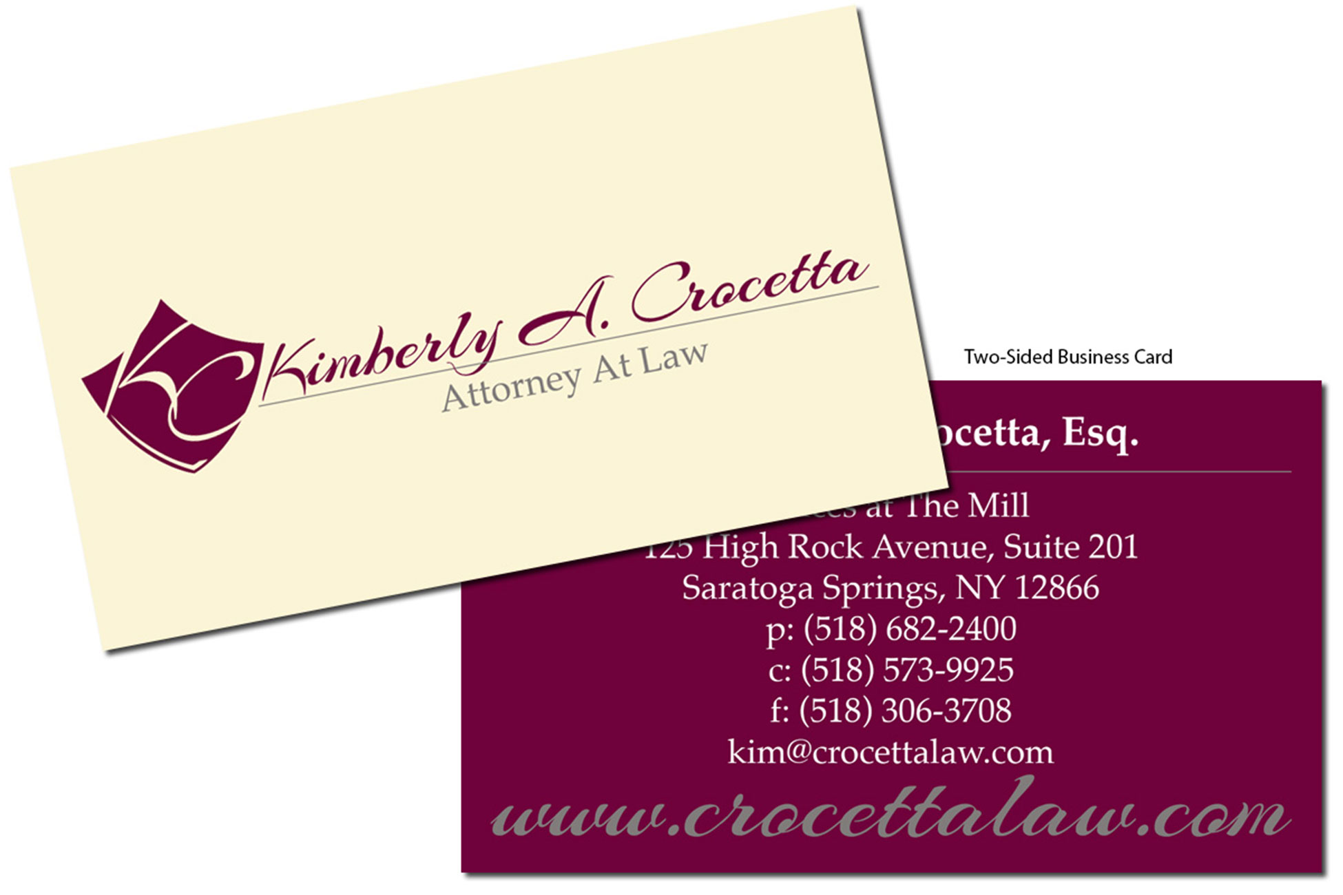 Image of business card front and back created for Kimberly A. Crocetta Attorney at Law in Saratoga Springs, New York.