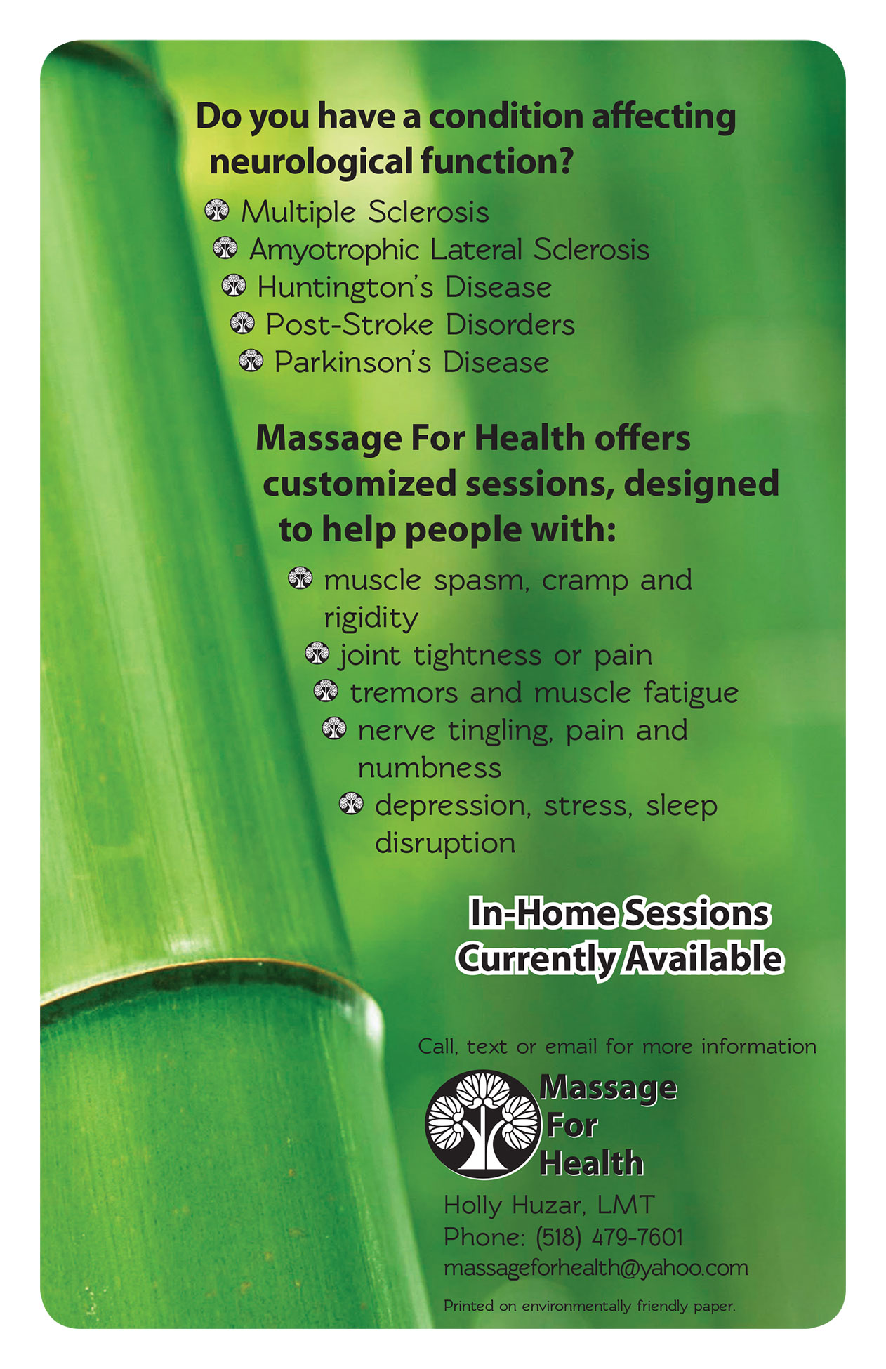 Image of flyer designed and created for Holly Huzar of Massage for Health.
