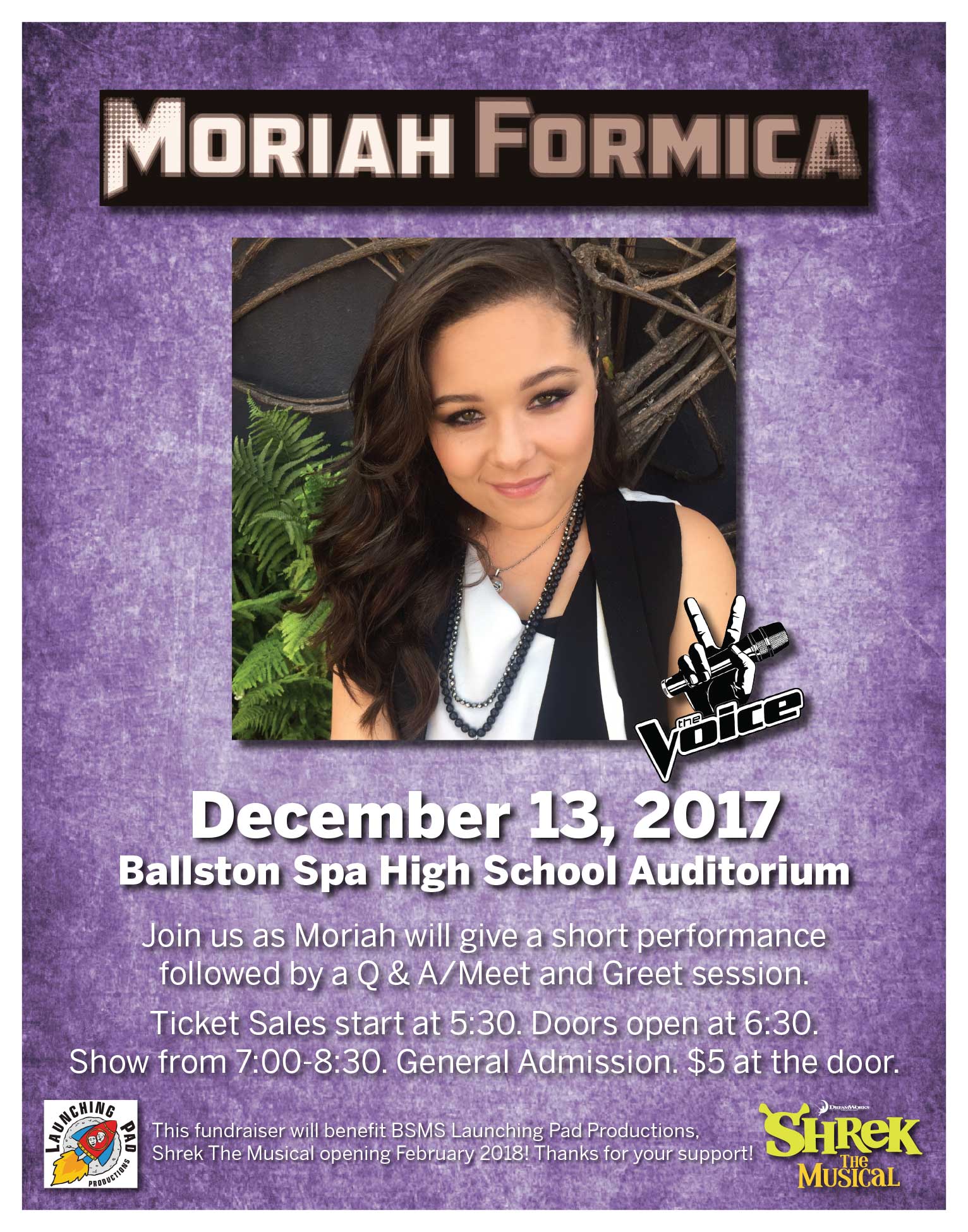 Image of Moriah Formica fundraiser poster for Launching Pad Productions at the Ballston Spa Middle School in Ballston Spa, New York.