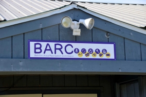 Photo of Ballston Area Recreation Commission sign on building at the Rec Fields in Ballston Spa, New York.