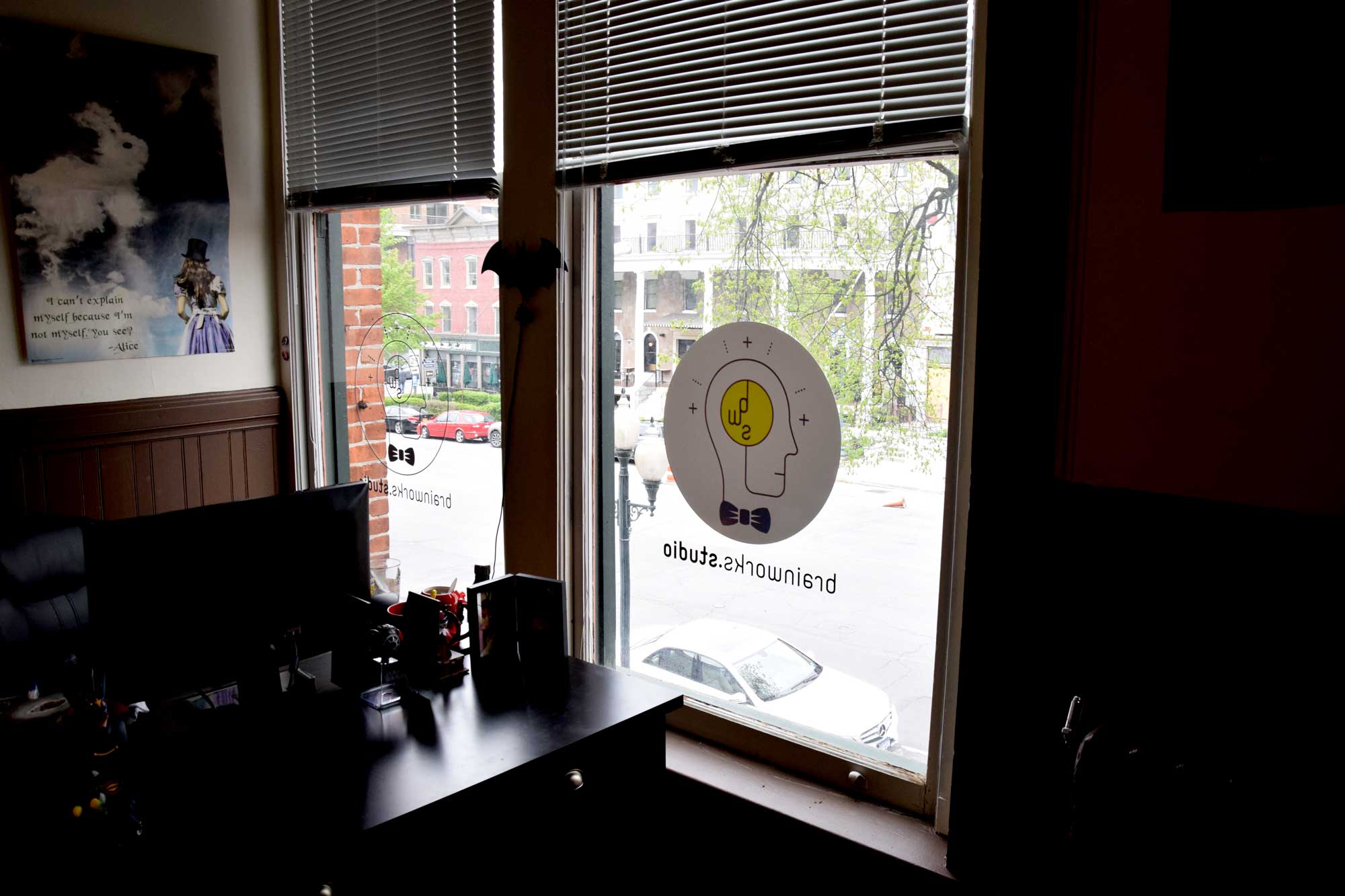 Photo of window signage for Brainworks Studio.