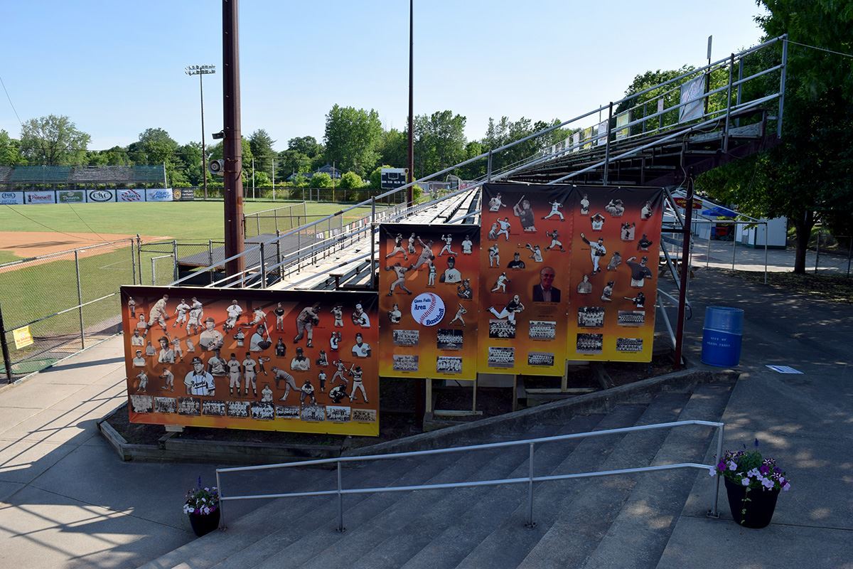 Photo of large banners created for side of bleachers at East Field, home of the Glens Falls Dragons baseball team.